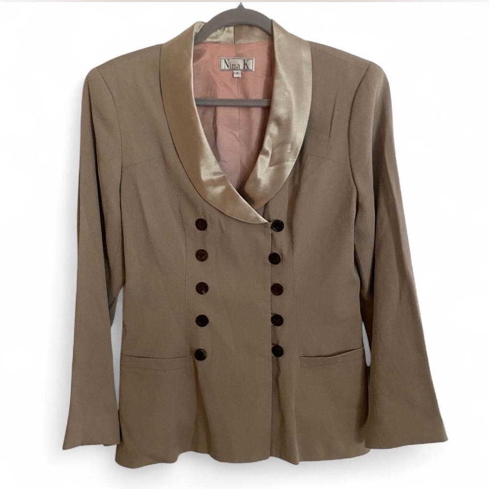 VINTAGE 80’S NINA K TAN POWER BLAZER SUIT JACKET WITH SATIN SHAWL COLLAR SIZE 8